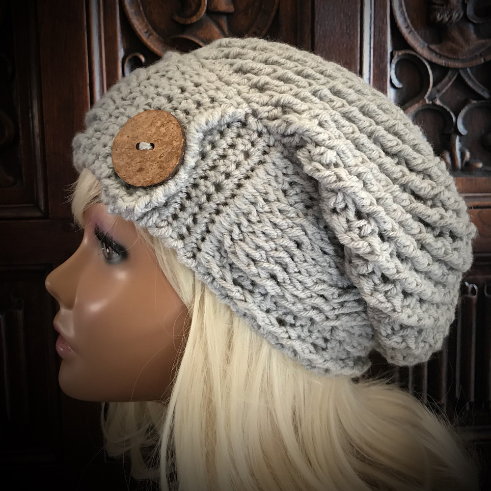 Hand Crochet Slouchy Hat with Wood Button